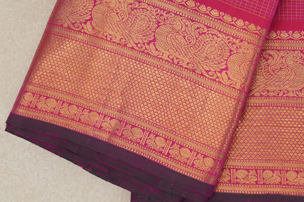 Orangish Pink with Small Zari Checks Vintage Kanjivaram Silk Saree border