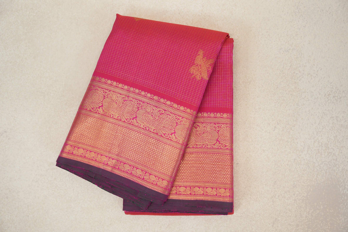 Orangish Pink with Small Zari Checks Vintage Kanjivaram Silk Saree 