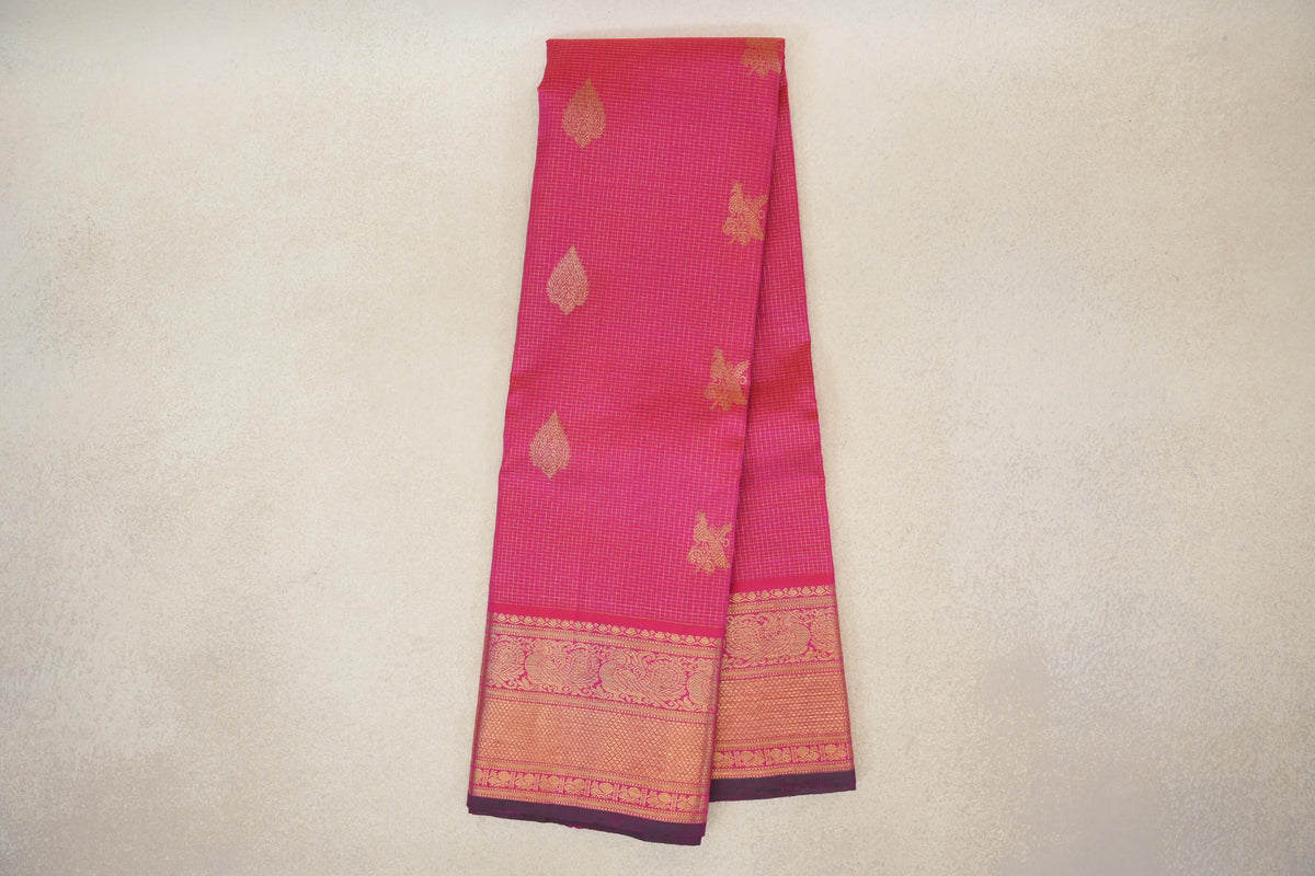 Orangish Pink with Small Zari Checks Vintage Kanjivaram Silk Saree 