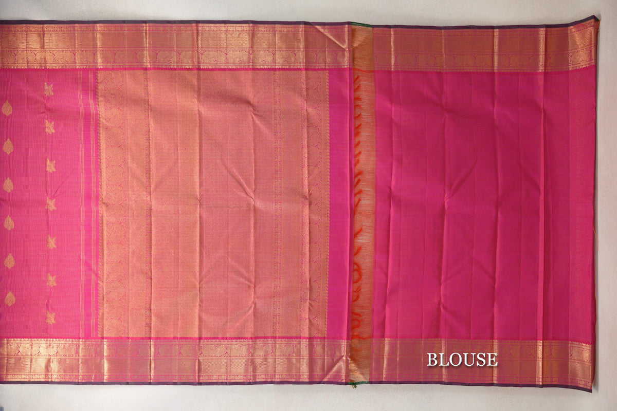 Orangish Pink with Small Zari Checks Vintage Kanjivaram Silk Saree blouse