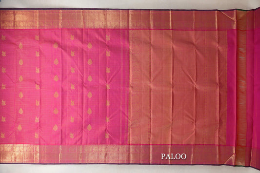 Orangish Pink with Small Zari Checks Vintage Kanjivaram Silk Saree paloo