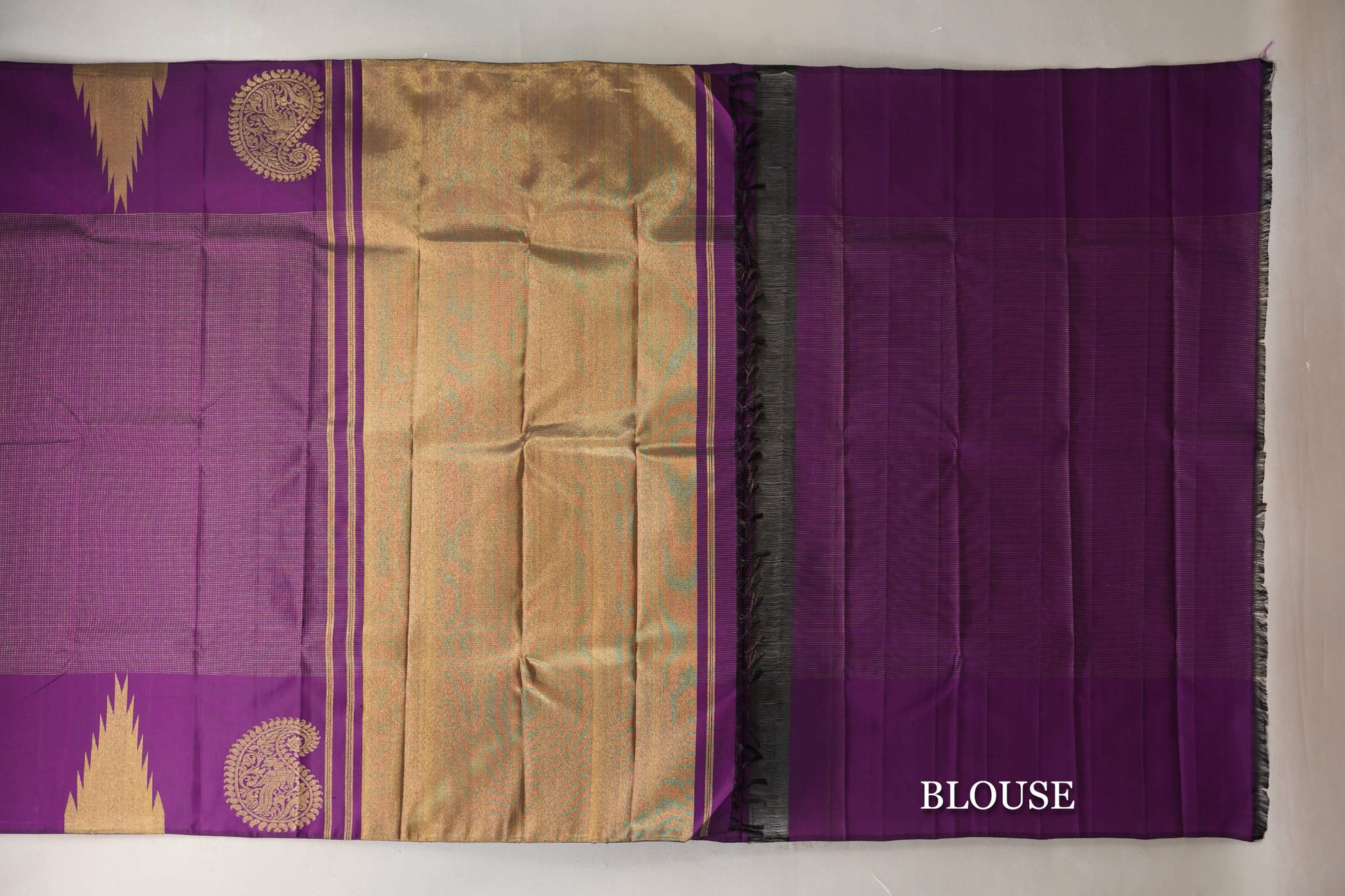Deep Purple with Temple Borders Vintage Kanjivaram Silk Saree blouse