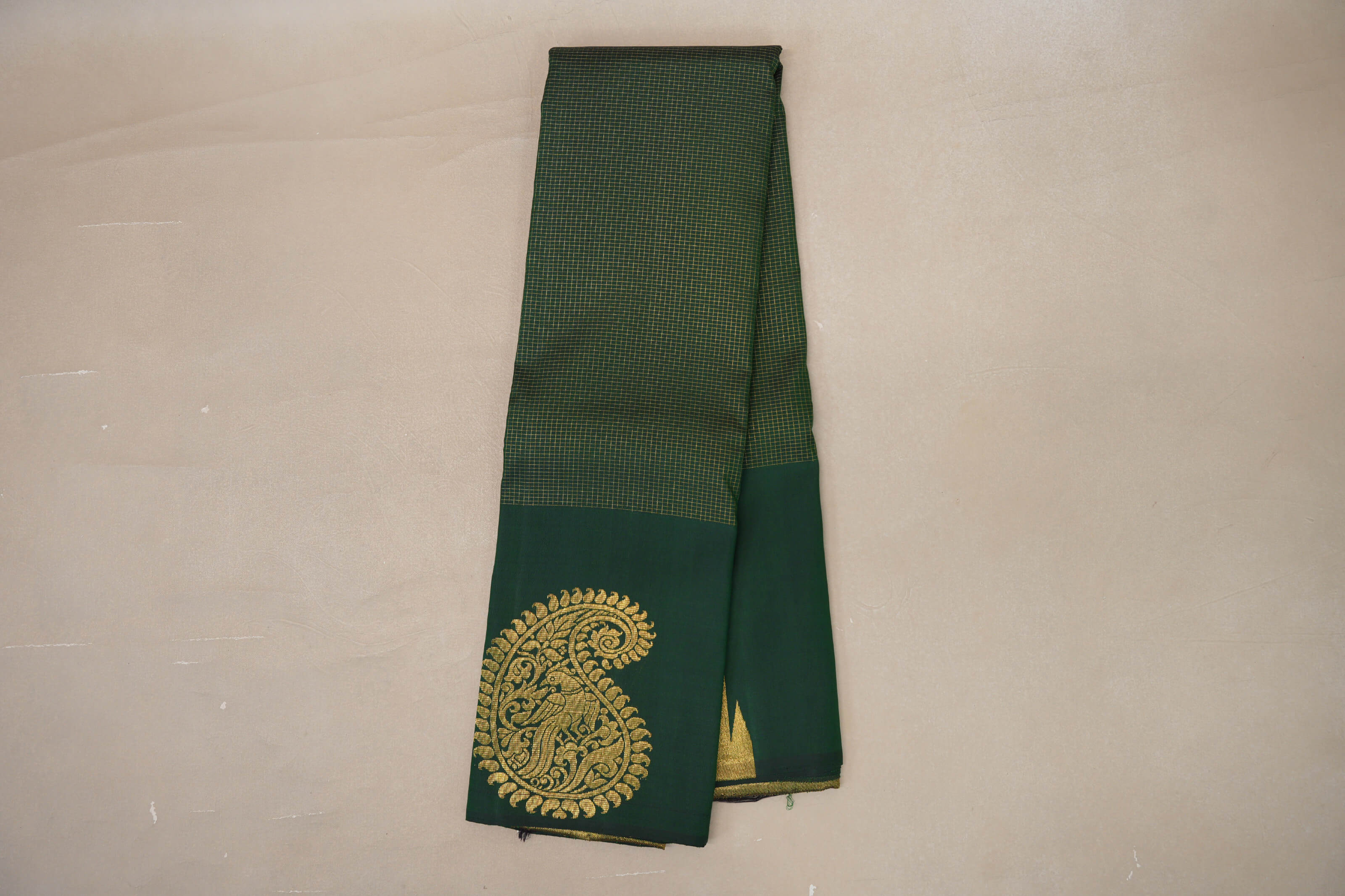 Online Deep Bottle Green with Temple Borders Vintage Kanjivaram Silk Saree