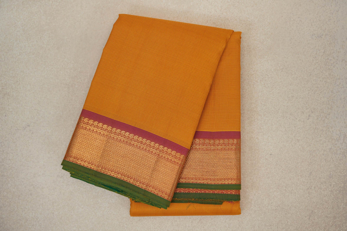 Mango Orange with Magenta Pink with Leaf Green Selvedge Borders Vintage Kanjivaram Silk Saree