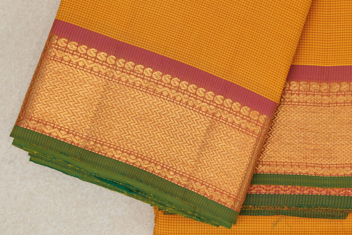 Mango Orange with Magenta Pink with Leaf Green Selvedge Borders Vintage Kanjivaram Silk Saree border