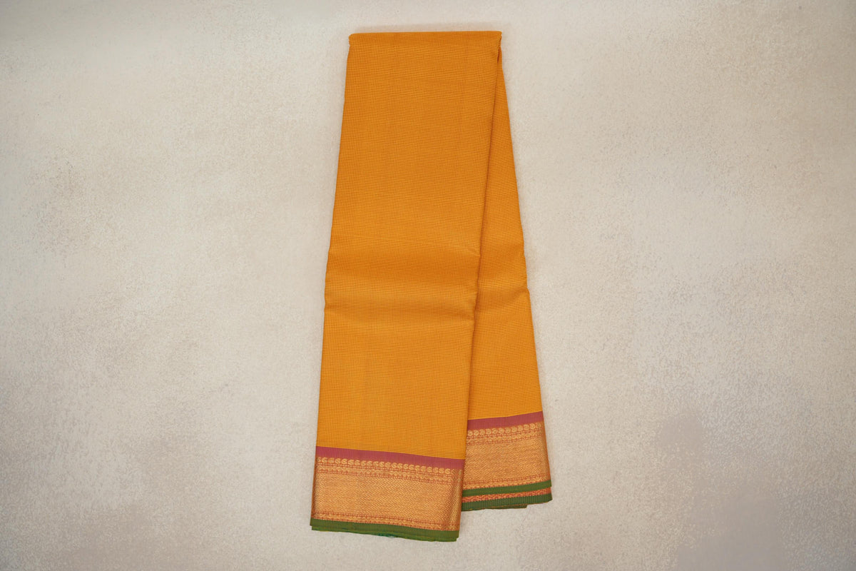 Mango Orange with Magenta Pink with Leaf Green Selvedge Borders Vintage Kanjivaram Silk Saree