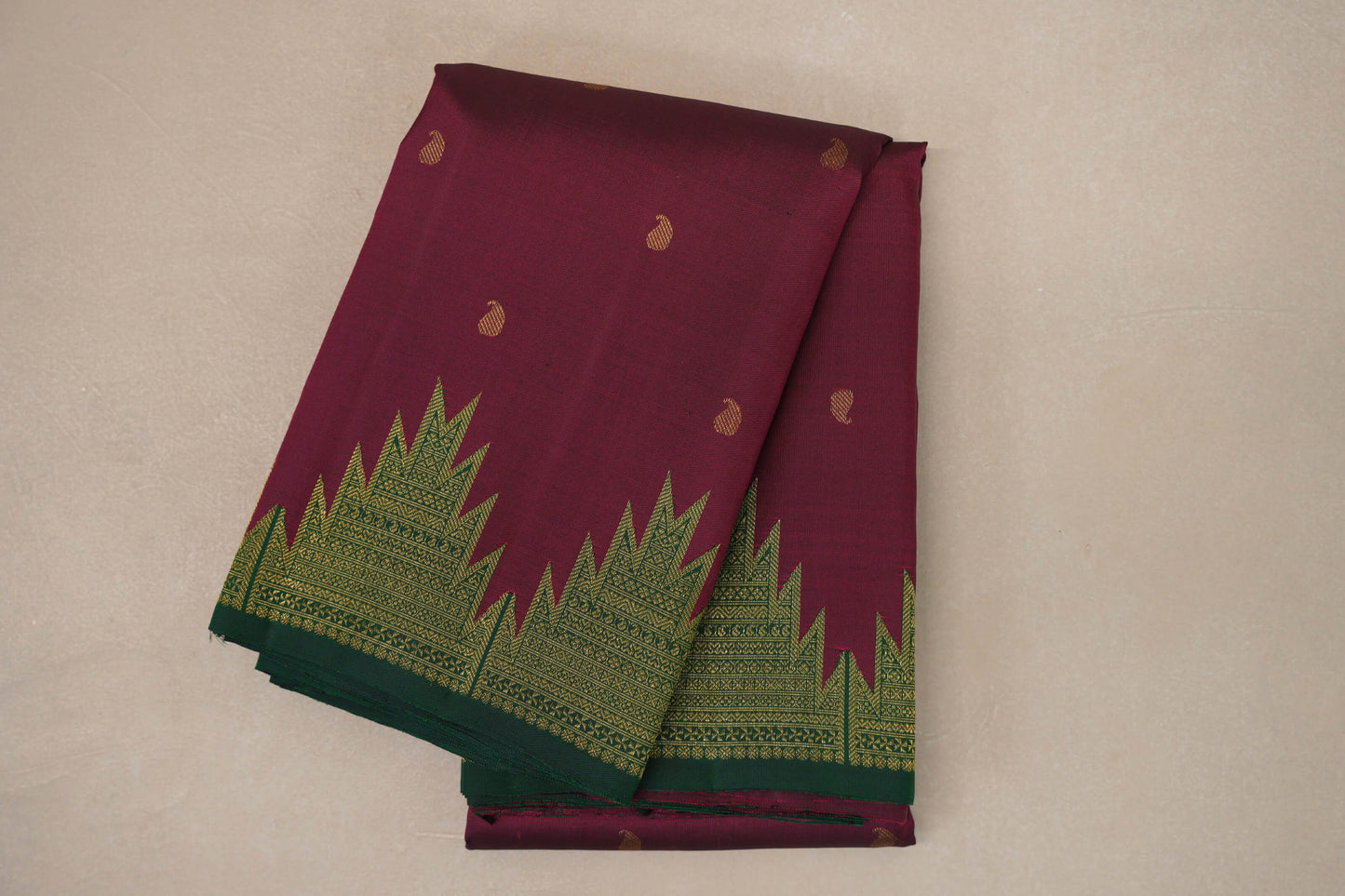 Deep Magenta with Deep Bottle Green Temple Borders Vintage Kanjivaram Silk Saree