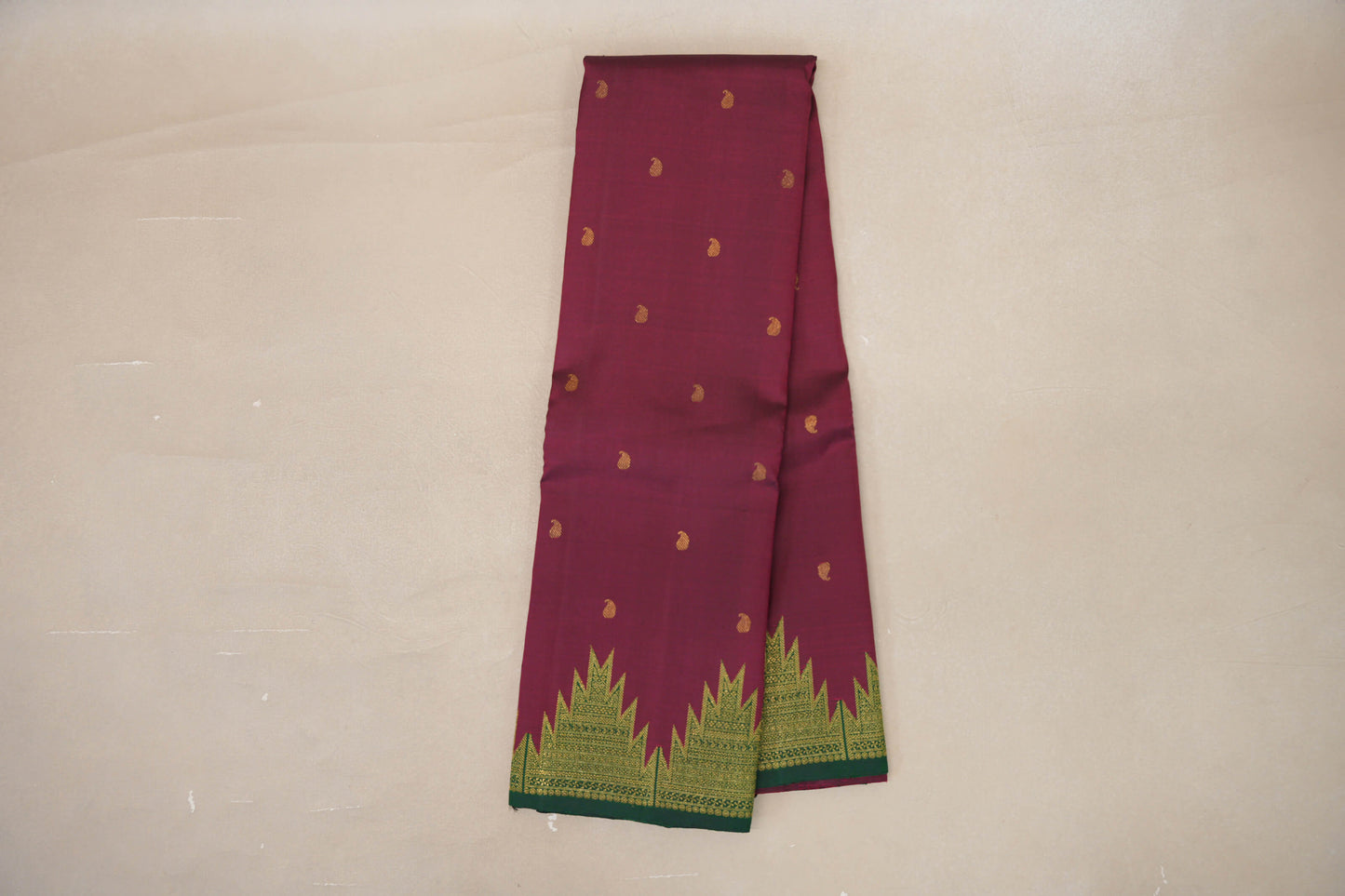 Online Deep Magenta with Deep Bottle Green Temple Borders Vintage Kanjivaram Silk Saree