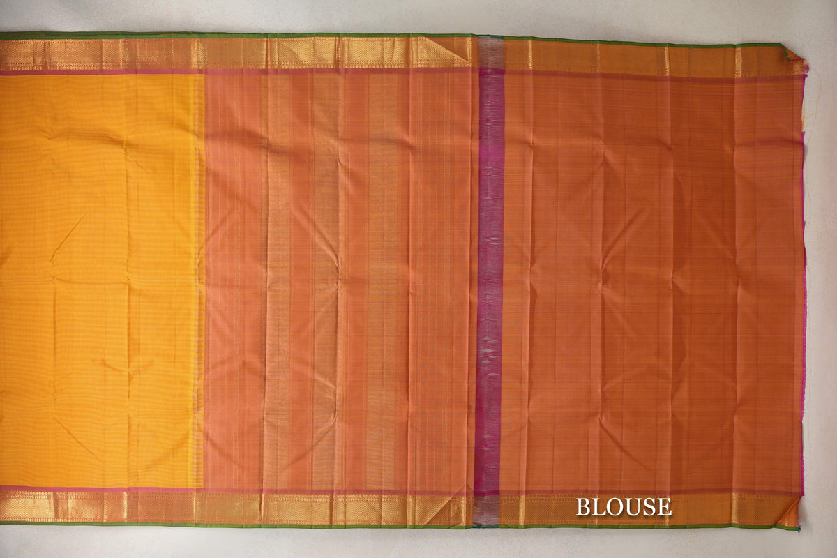 Mango Orange with Magenta Pink with Leaf Green Selvedge Borders Vintage Kanjivaram Silk Saree blouse