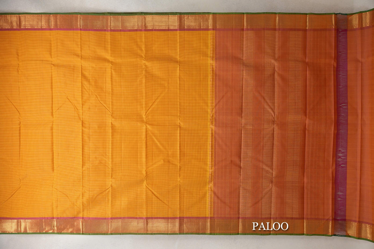 Mango Orange with Magenta Pink with Leaf Green Selvedge Borders Vintage Kanjivaram Silk Saree paloo