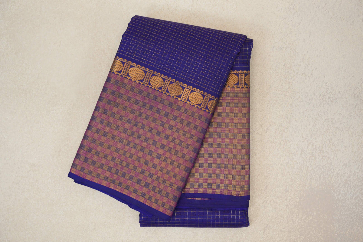 Deep Royal Blue with Small Zari Checks Vintage Kanjivaram Silk Saree 