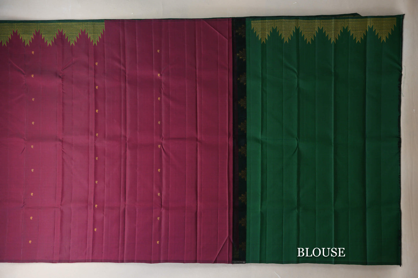 Deep Magenta with Deep Bottle Green Temple Borders Vintage Kanjivaram Silk Saree blouse
