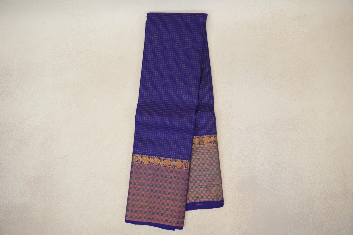 Deep Royal Blue with Small Zari Checks Vintage Kanjivaram Silk Saree 