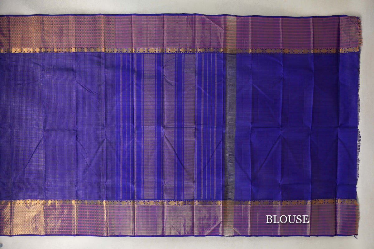 Deep Royal Blue with Small Zari Checks Vintage Kanjivaram Silk Saree  blouse
