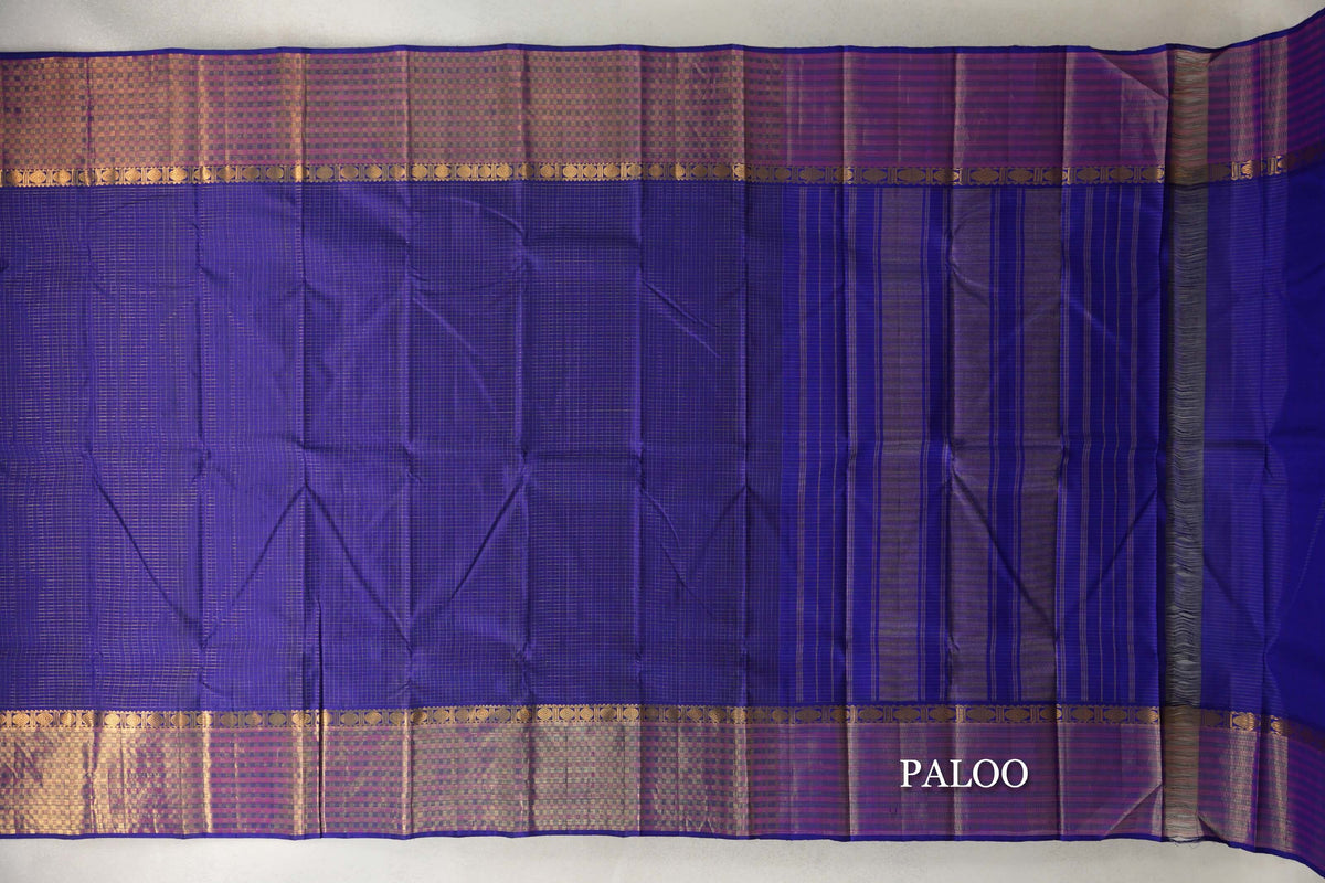Deep Royal Blue with Small Zari Checks Vintage Kanjivaram Silk Saree  paloo