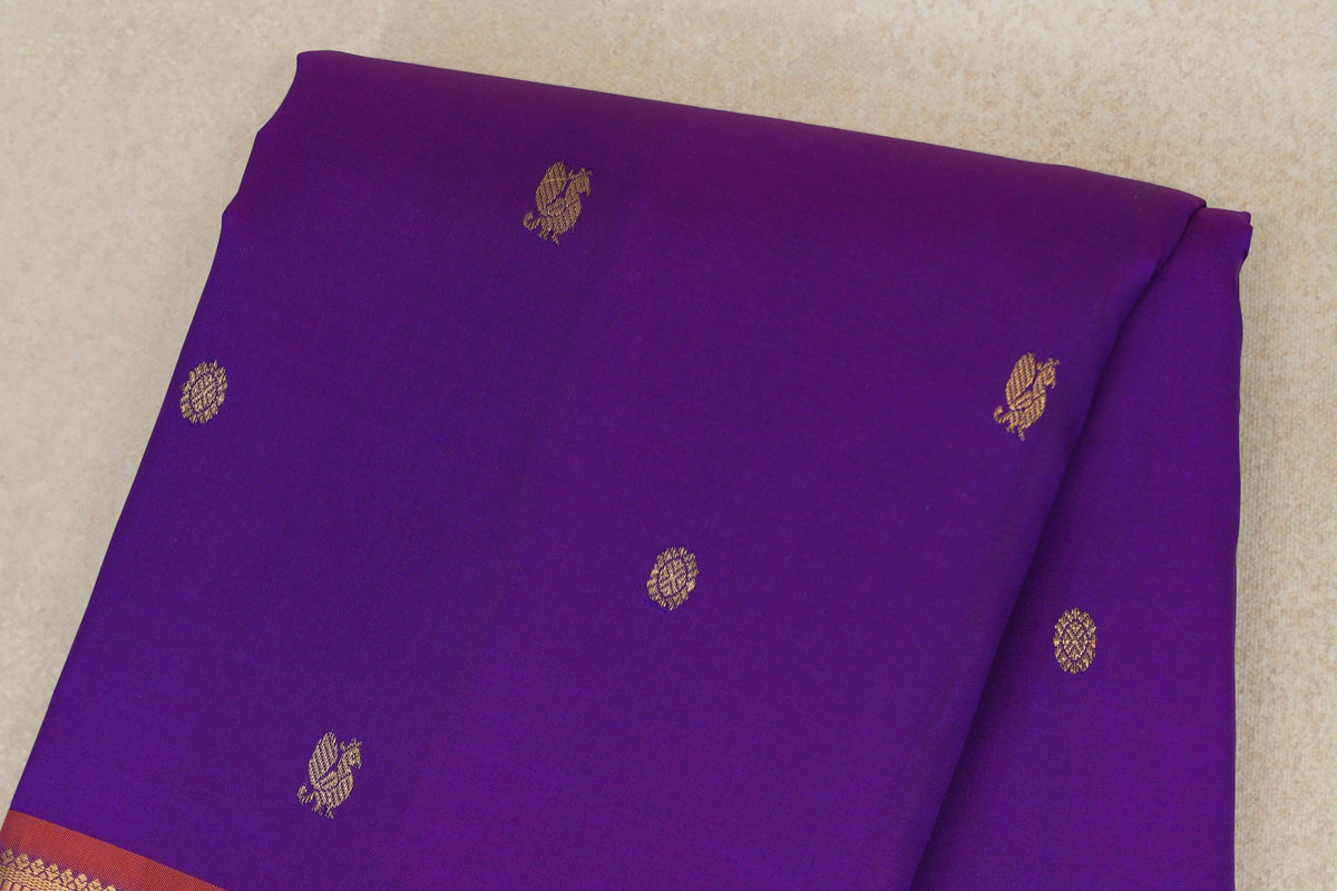 Dark Violet Purple with Deep Orange with Dark Bottle Green Selvedge Borders Vintage Kanjivaram Silk Saree body