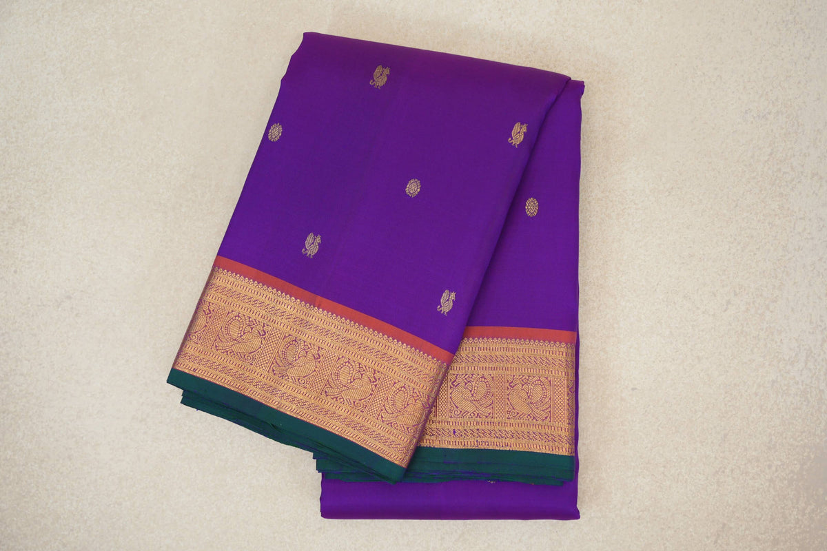 Dark Violet Purple with Deep Orange with Dark Bottle Green Selvedge Borders Vintage Kanjivaram Silk Saree