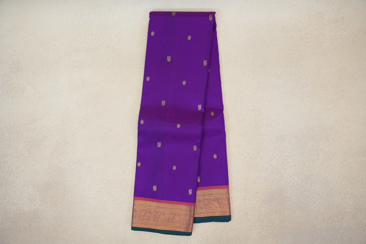 Dark Violet Purple with Deep Orange with Dark Bottle Green Selvedge Borders Vintage Kanjivaram Silk Saree