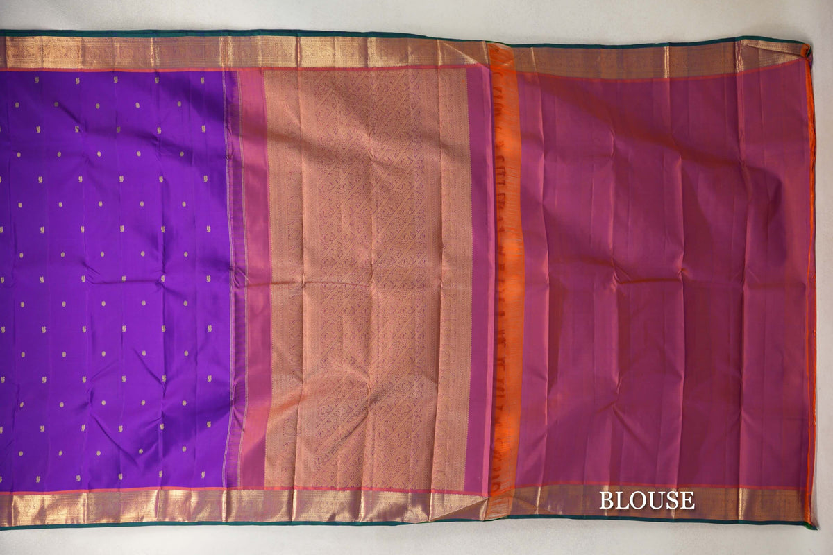 Dark Violet Purple with Deep Orange with Dark Bottle Green Selvedge Borders Vintage Kanjivaram Silk Saree blouse