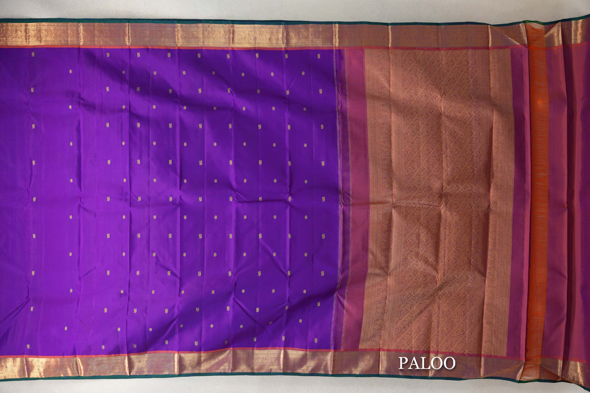 Dark Violet Purple with Deep Orange with Dark Bottle Green Selvedge Borders Vintage Kanjivaram Silk Saree paloo