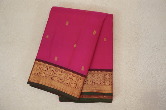 Bright Rani Pink with Deep Maroon with Dark Bottle Green Selvedge Borders Vintage Kanjivaram Silk Saree SS10287