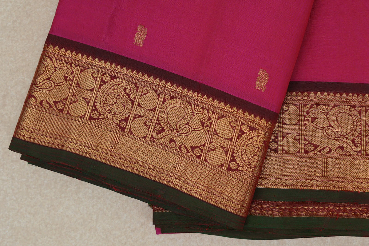 Bright Rani Pink with Deep Maroon with Dark Bottle Green Selvedge Borders Vintage Kanjivaram Silk Saree SS10287