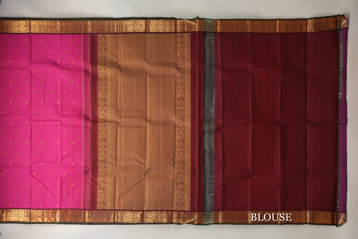 Bright Rani Pink with Deep Maroon with Dark Bottle Green Selvedge Borders Vintage Kanjivaram Silk Saree SS10287