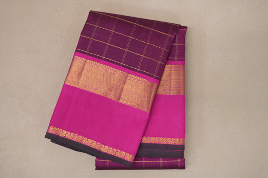 Deep Magenta with Bright Pink Dark Green Selvedge Vintage Kanjivaram Silk Saree