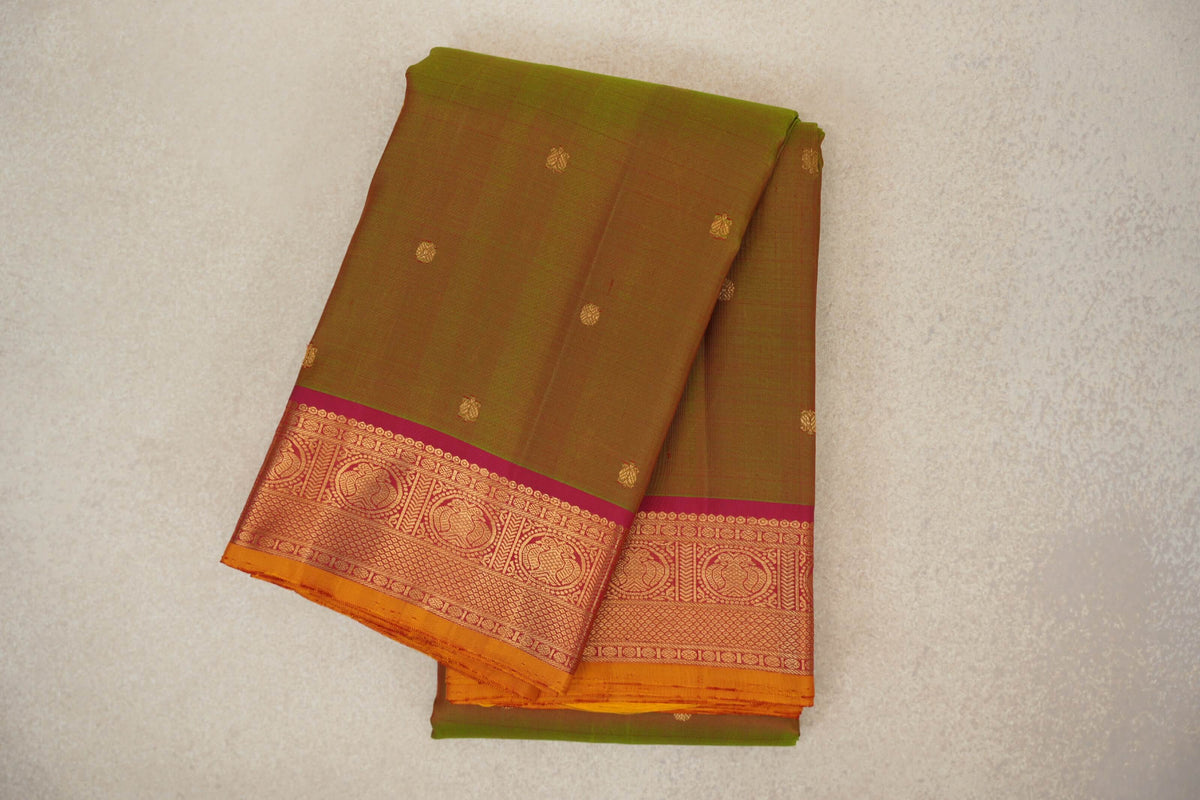 Manthulir with Deep Pink with Mustard Yellow Selvedge Borders Vintage Kanjivaram Silk Saree SS10288