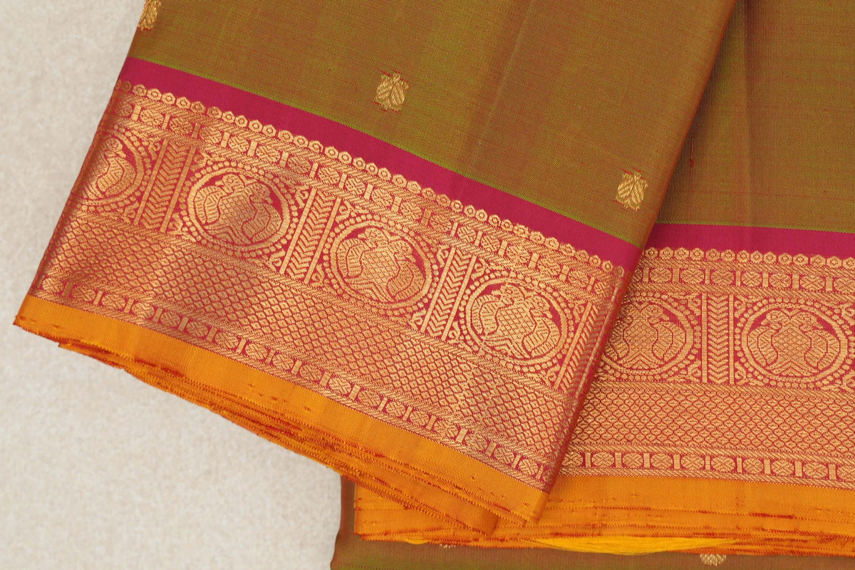 Manthulir with Deep Pink with Mustard Yellow Selvedge Borders Vintage Kanjivaram Silk Saree SS10288