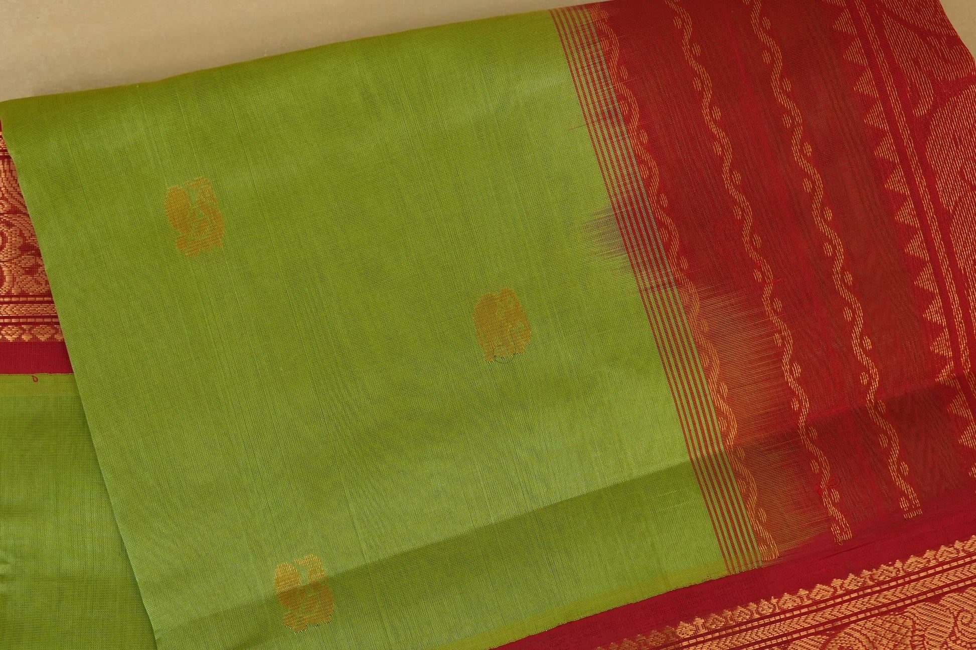 Pista Green with Red Borders Silk Cotton Saree Body Zoom