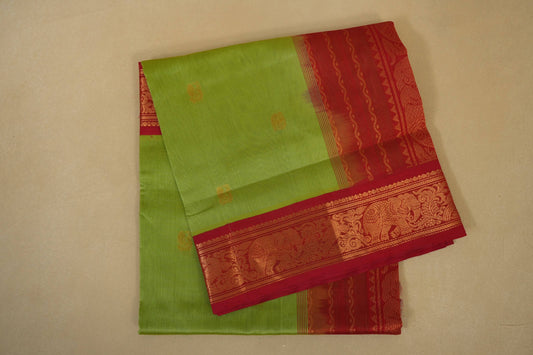 Folded Pista Green with Red Borders Silk Cotton Saree