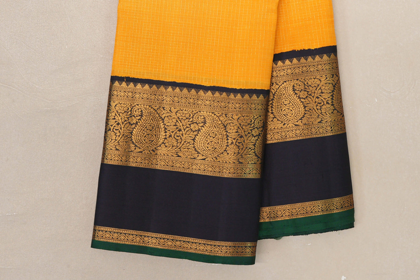 Bright Yellow with Small Zari Check Vintage Kanjivaram Silk Saree border