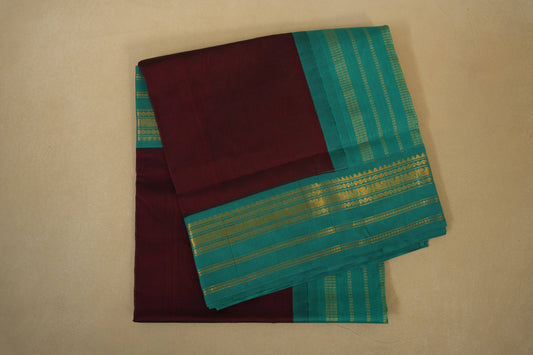 Folded Deep Brown with Rama Blue Borders Silk Cotton Saree