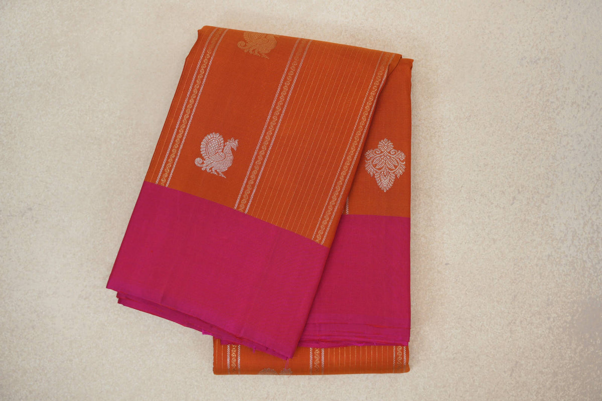 Mango Orange with Bright Pink Borders Vintage Kanjivaram Silk Saree SS10289