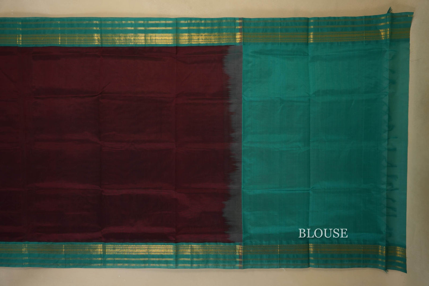 Deep Brown with Rama Blue Borders Silk Cotton Saree Blouse