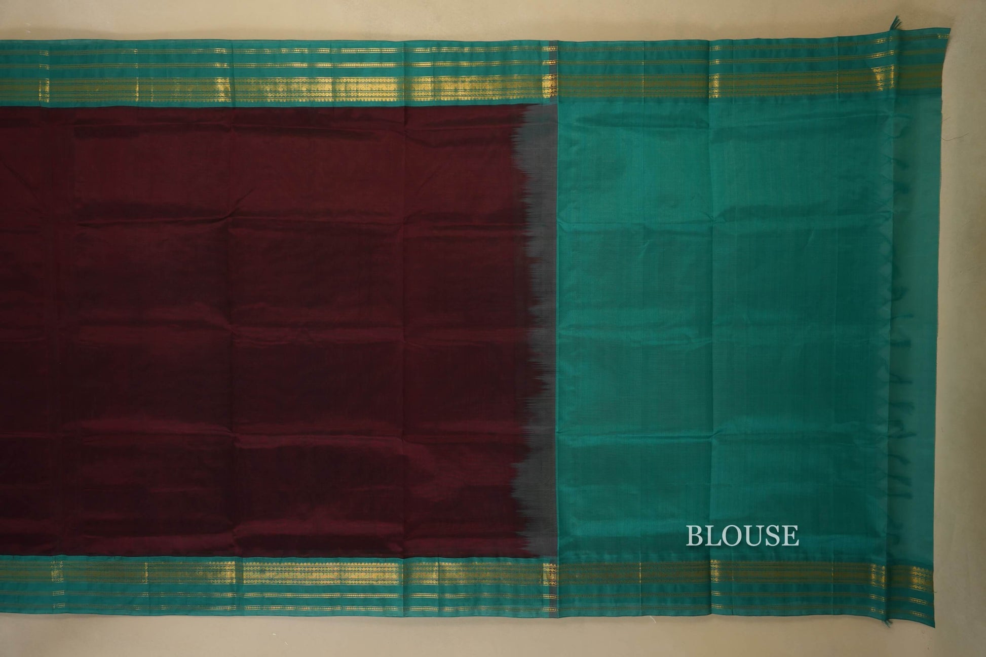 Deep Brown with Rama Blue Borders Silk Cotton Saree Blouse