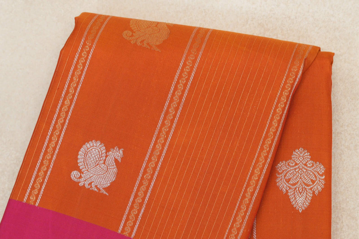 Mango Orange with Bright Pink Borders Vintage Kanjivaram Silk Saree SS10289