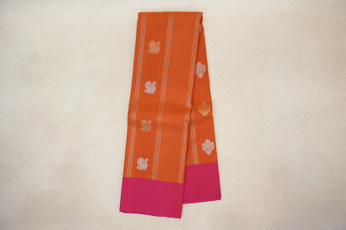 Mango Orange with Bright Pink Borders Vintage Kanjivaram Silk Saree SS10289