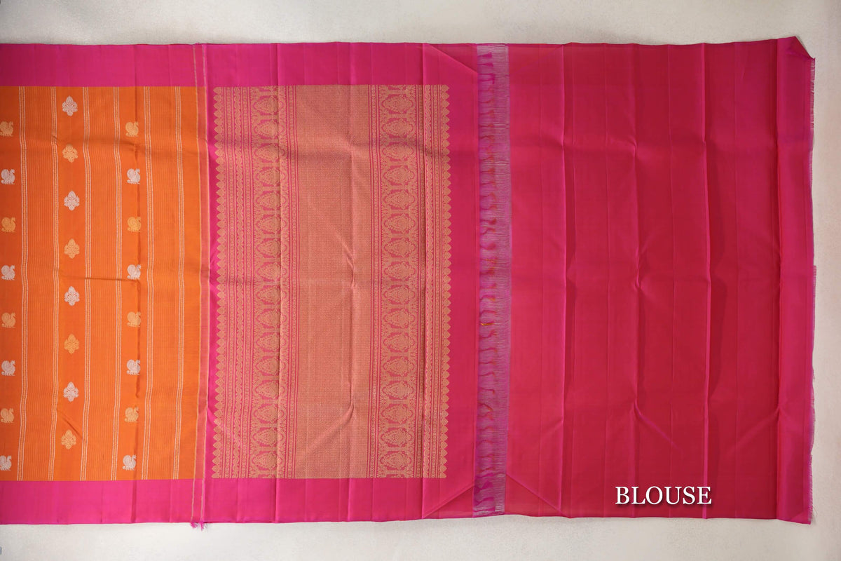 Mango Orange with Bright Pink Borders Vintage Kanjivaram Silk Saree SS10289