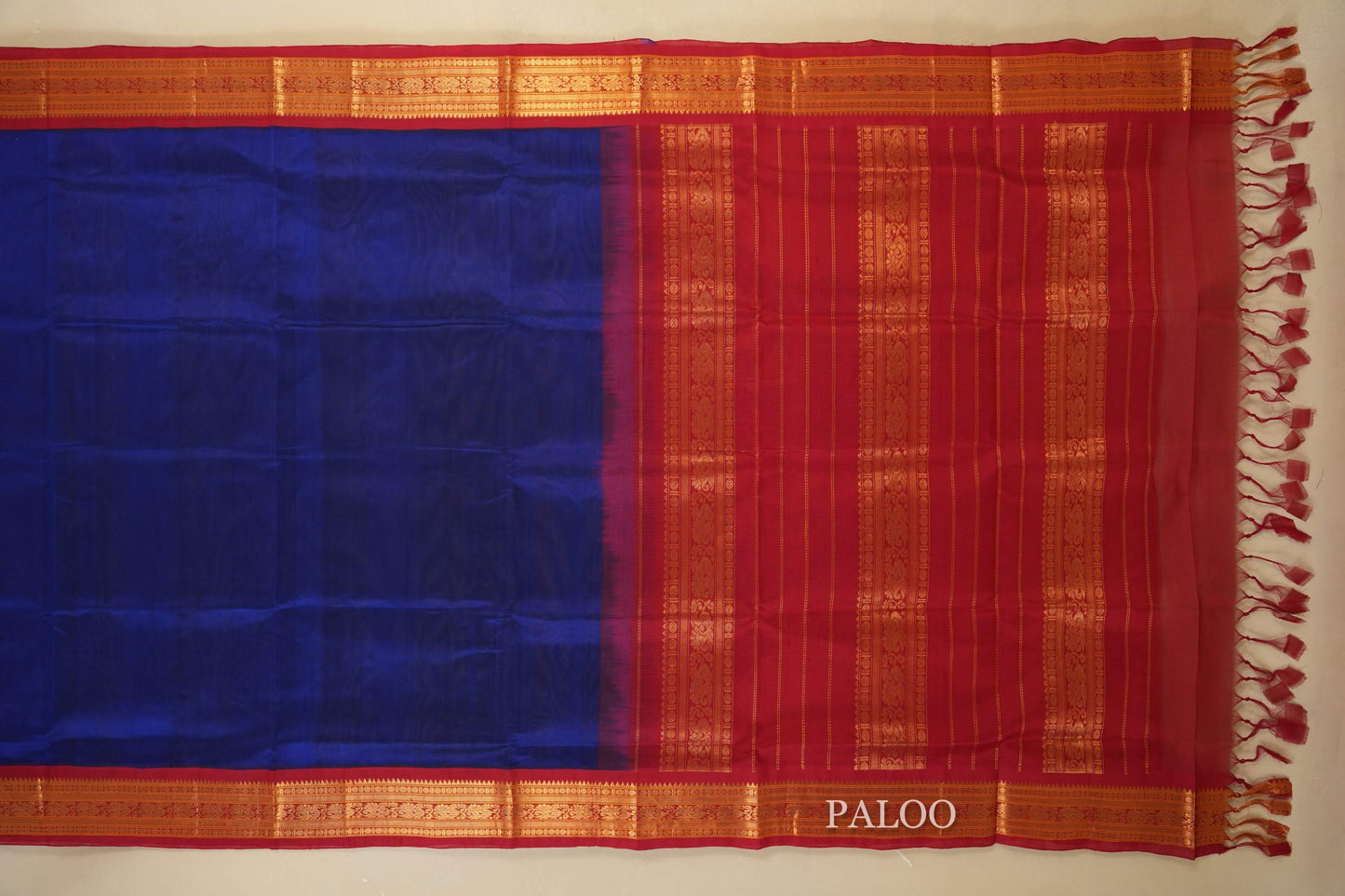 Ink Blue with Maroon Borders Silk Cotton Saree Paloo