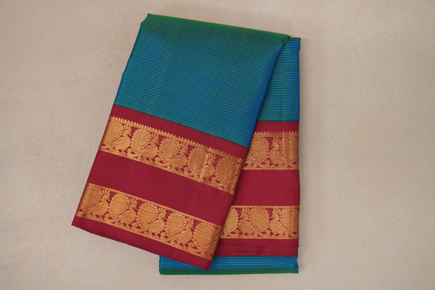 Dual Tone Green and Blue with Red Borders Vintage Kanjivaram Silk Saree