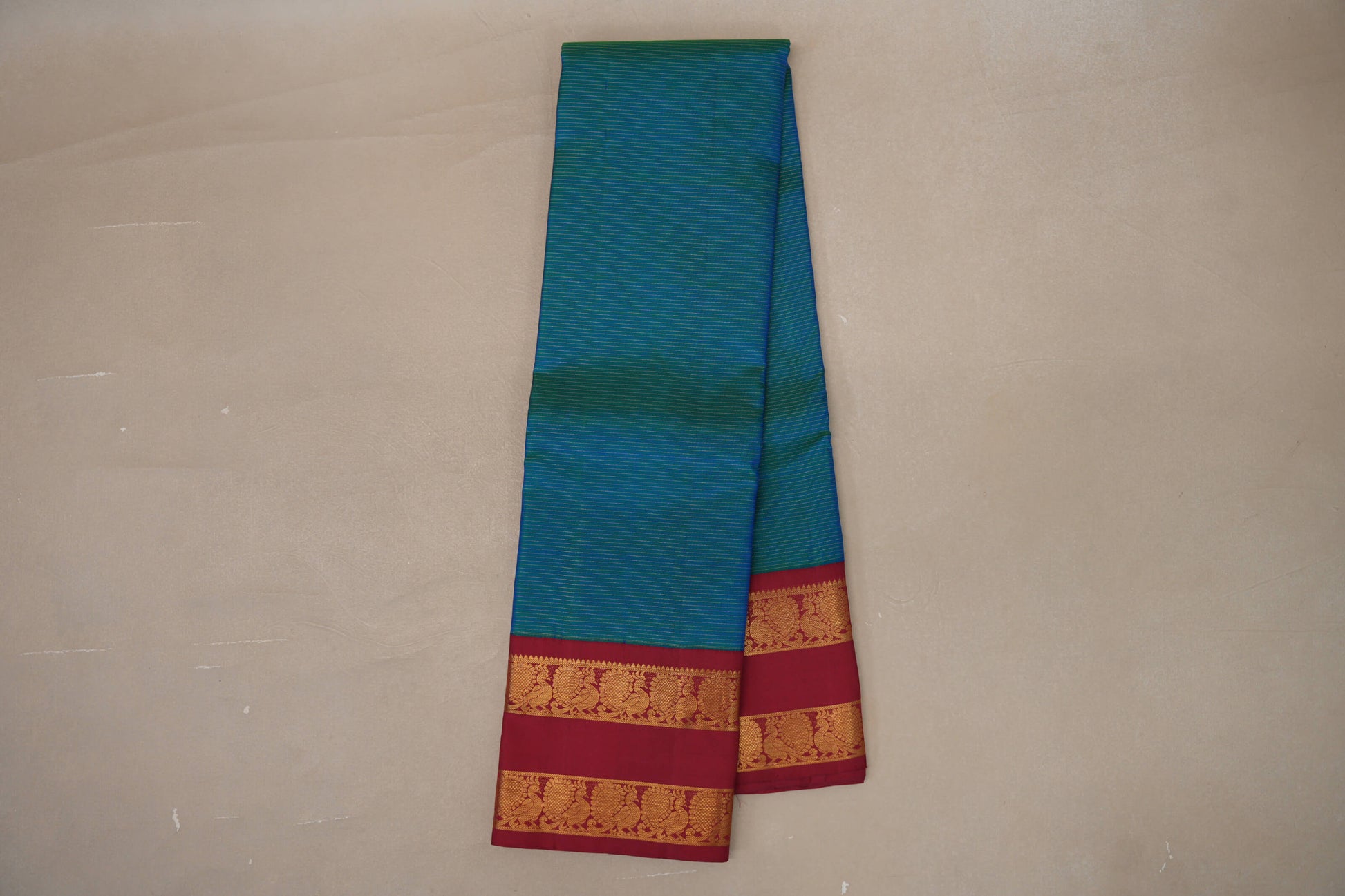 Online Dual Tone Green and Blue with Red Borders Vintage Kanjivaram Silk Saree