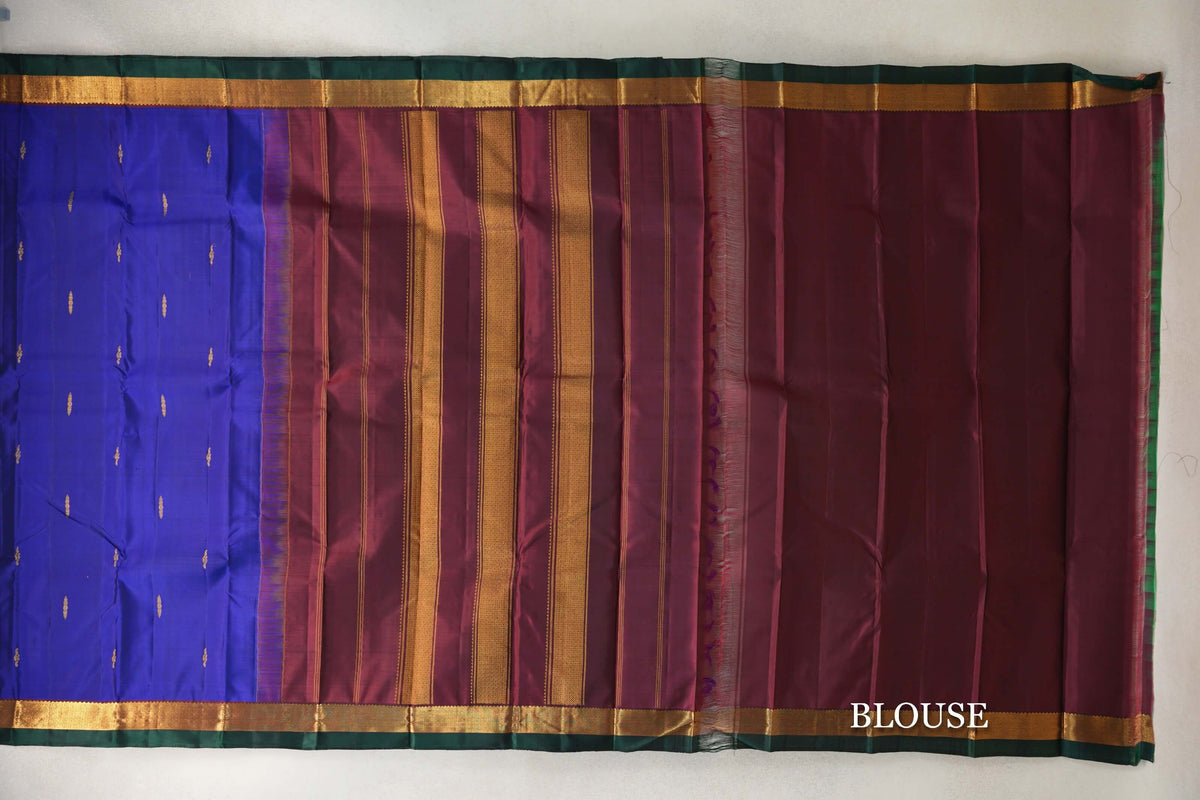 Deep Royal Blue with Deep Wine Maroon with Dark Green Selvedge Borders Vintage Kanjivaram Silk Saree SS10290
