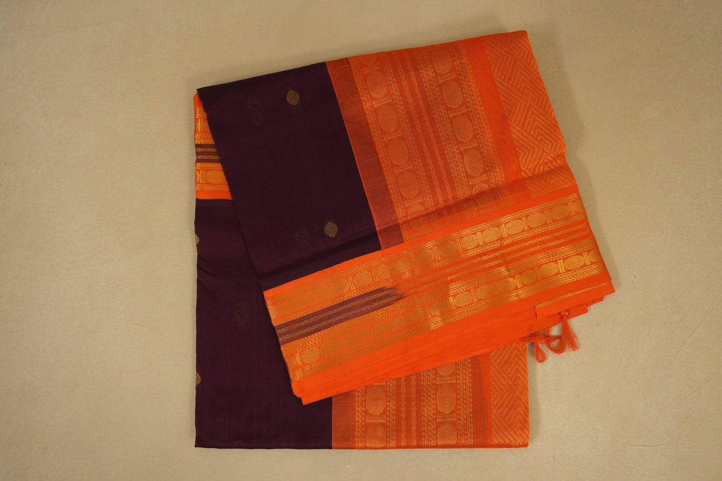 Folded Deep Brown with Orange Borders Silk Cotton Saree