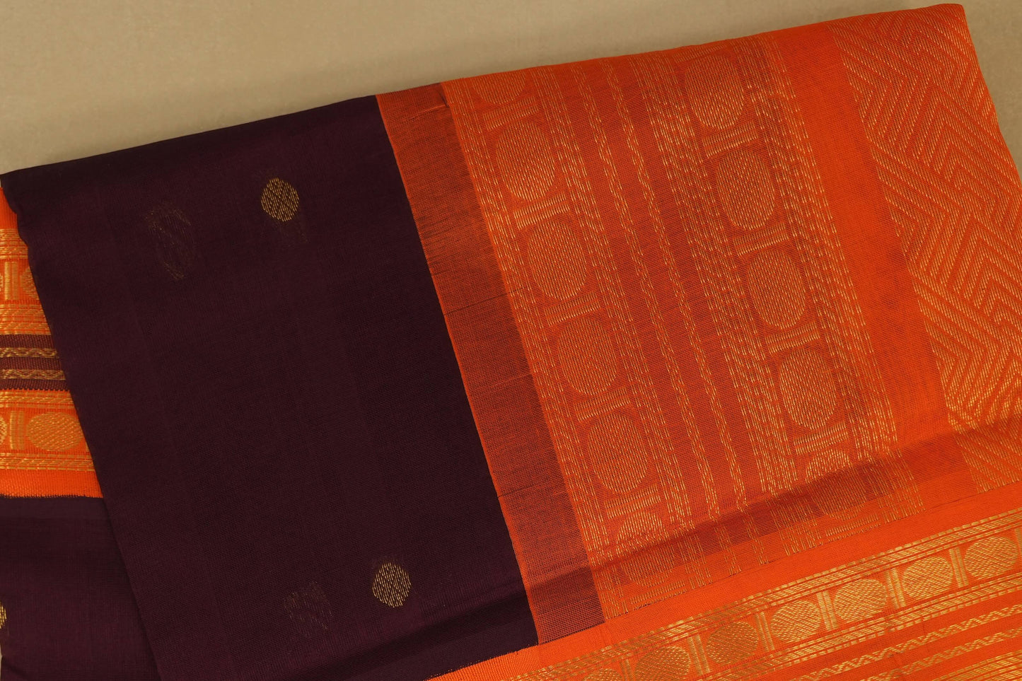 Deep Brown with Orange Borders Silk Cotton Saree body zoom