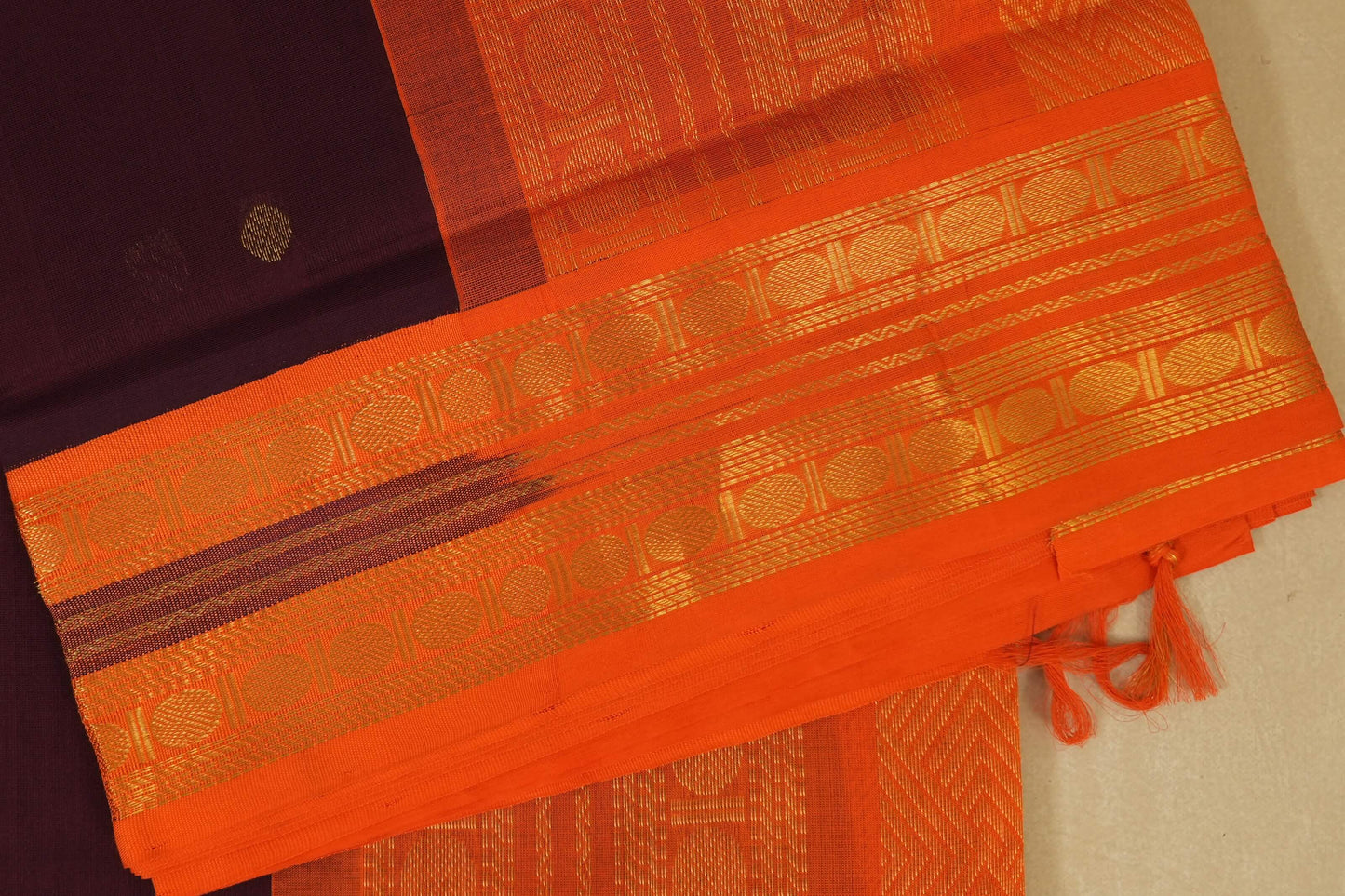 Deep Brown with Orange Borders Silk Cotton Saree border zoom