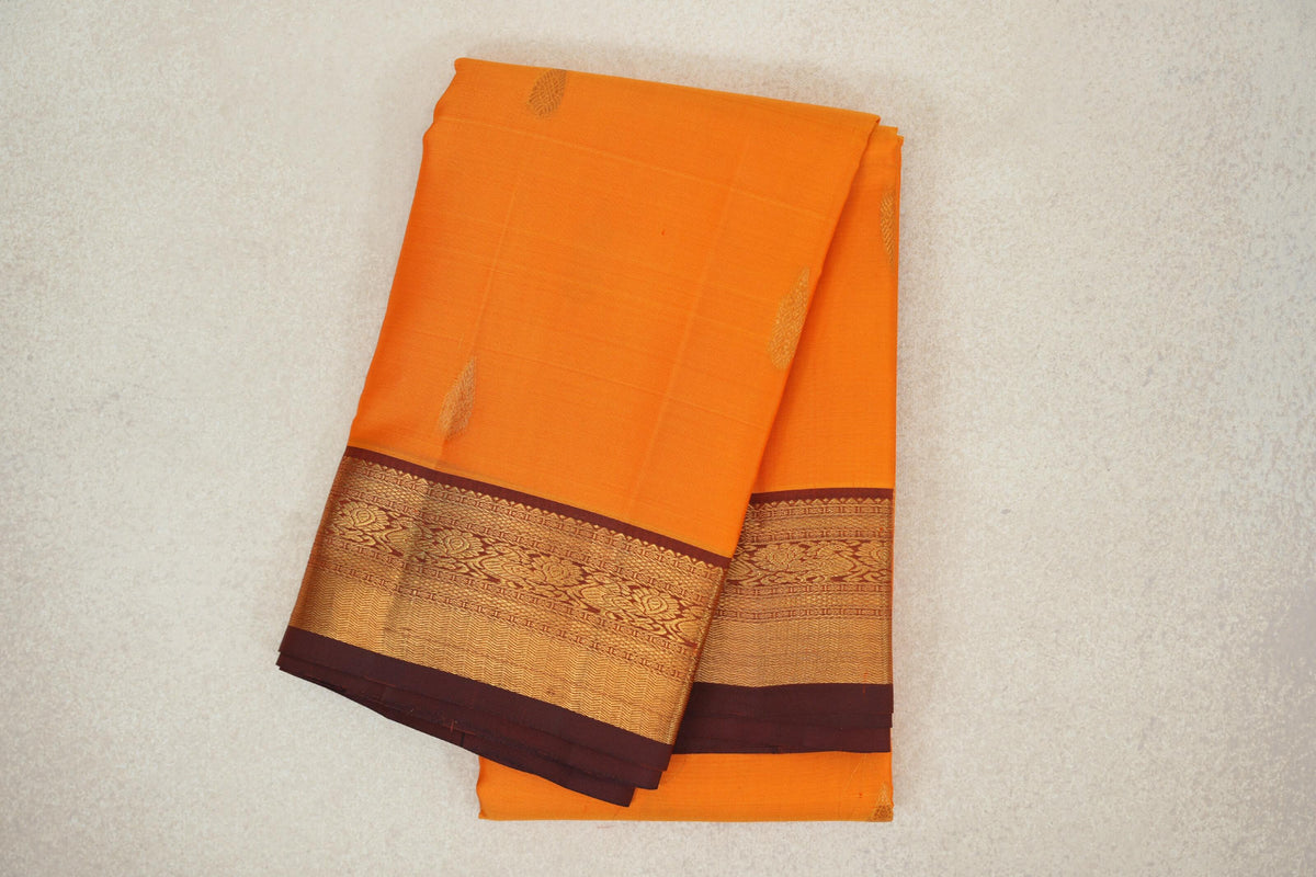 Bright Mango Orange with Deep Rust Maroon Borders Vintage Kanjivaram Silk Saree