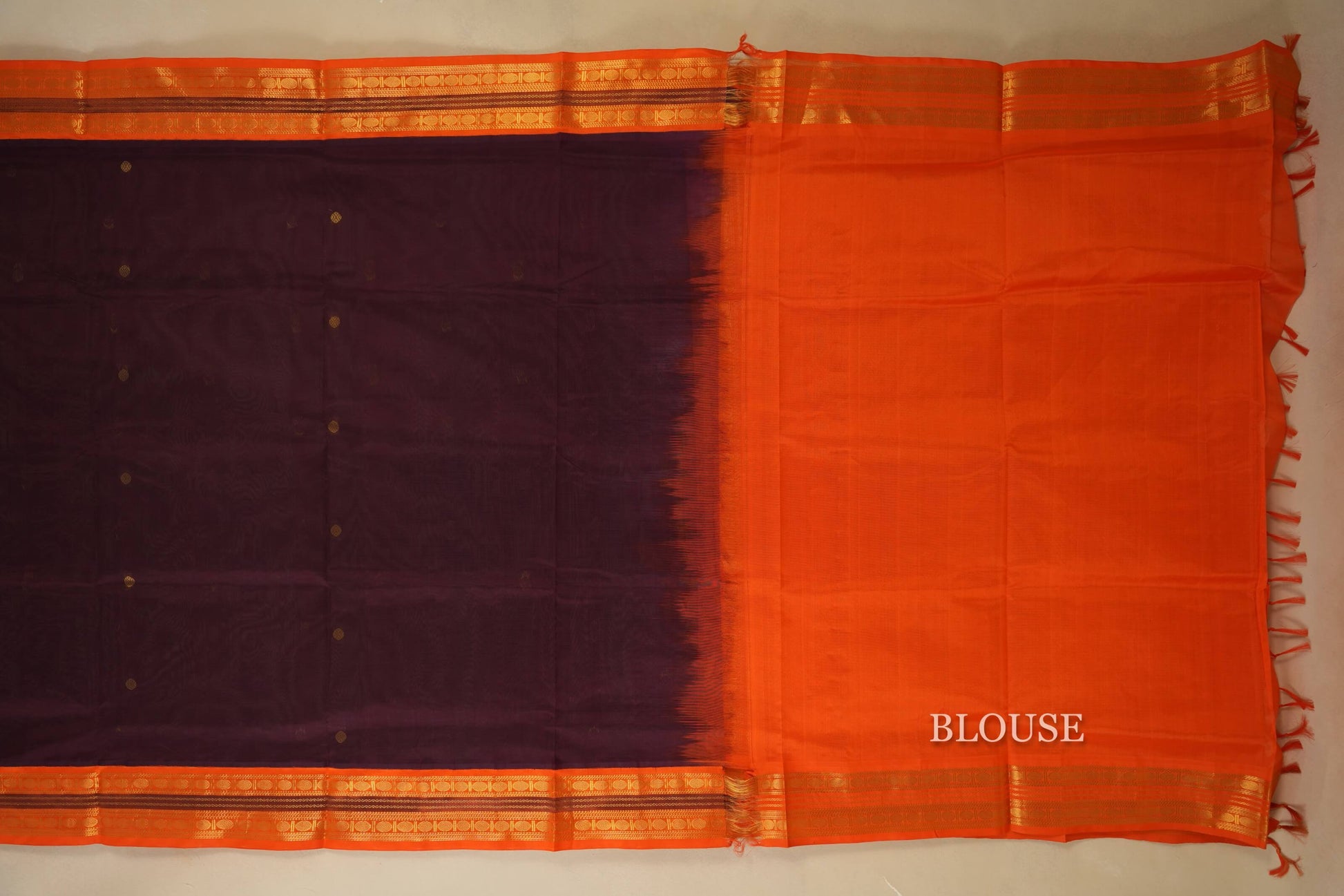 Deep Brown with Orange Borders Silk Cotton Saree Blouse