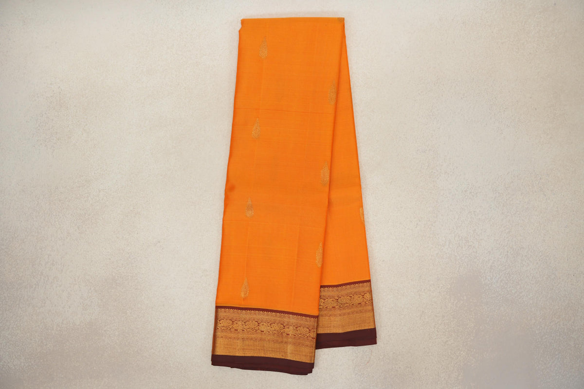 Bright Mango Orange with Deep Rust Maroon Borders Vintage Kanjivaram Silk Saree